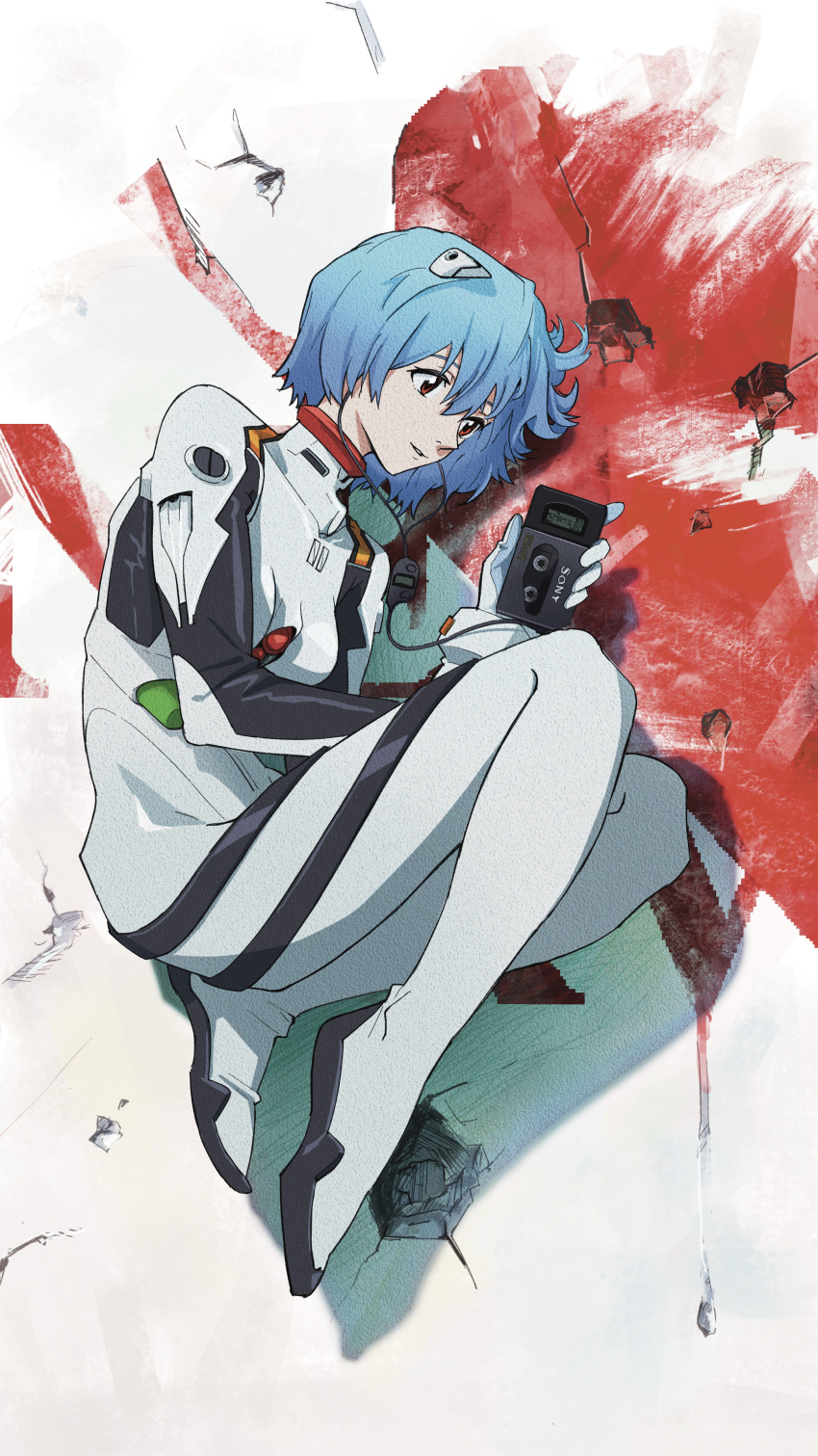 1girl, absurdres, ayanami_rei, blue_hair, bodysuit, breasts, mp3_player, full_body, hair_ornament, headphones, highres, holding, holding_mp3_player, mecha_pilot_suit, medium_breasts, neon_genesis_evangelion, nerv, pakkun, plugsuit_(evangelion), red_eyes, short_hair, solo, sony, white_bodysuit