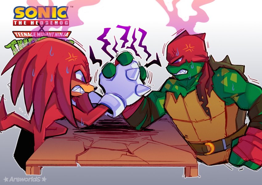2boys, anger_vein, angry, annoyed, arm_wrestling, arsworlds, clenched_teeth, commentary, crossover, fangs, furious, furry, furry_male, glaring, gloves, highres, holding_hands, knuckles_the_echidna, male_focus, mask, multiple_boys, ninja, purple_eyes, raphael_(tmnt), sonic_(series), spikes, steaming_body, sweat, table, tail, teenage_mutant_ninja_turtles, teeth, turtle, v-shaped_eyebrows, white_gloves