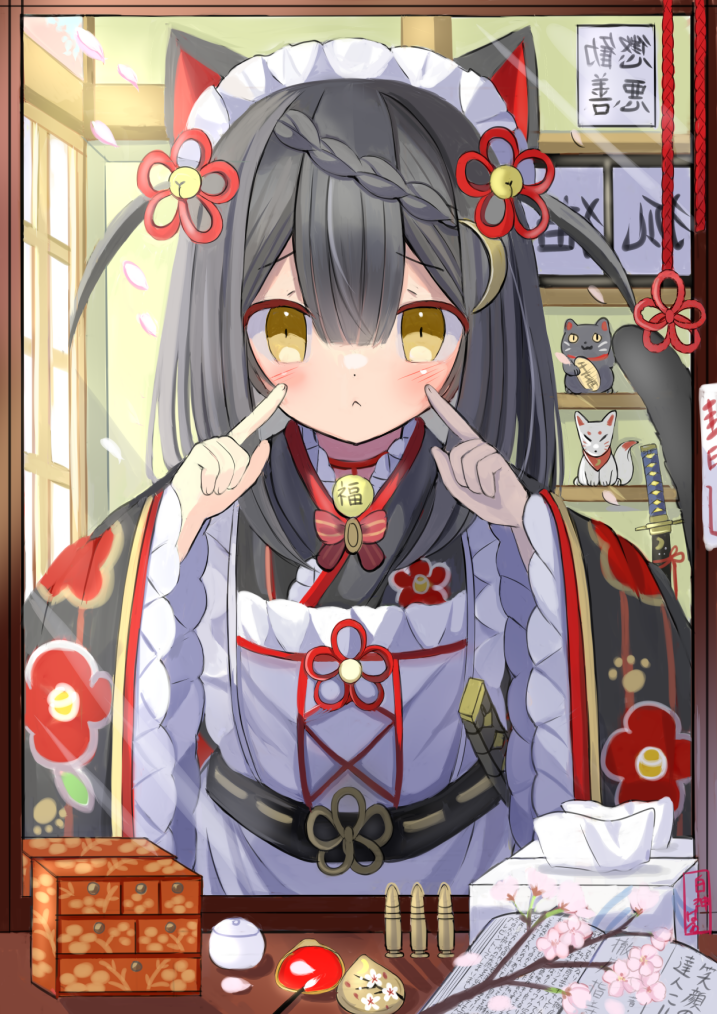 1girl, :<, animal_ears, apron, black_hair, blush, book, braid