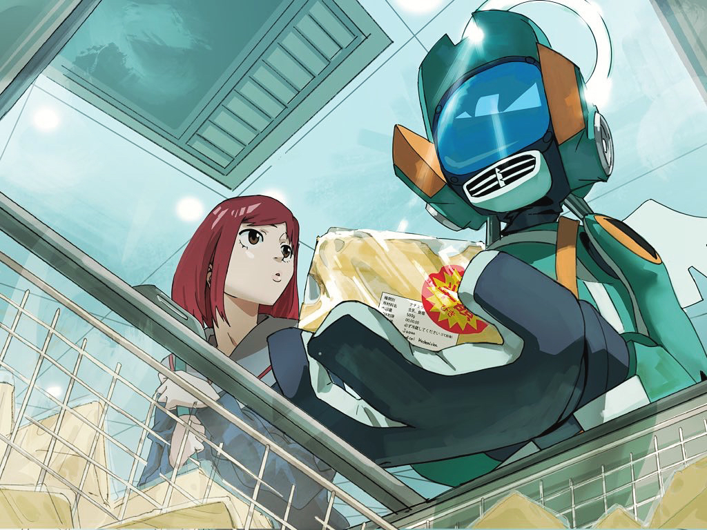 1girl, angel_wings, canti, flcl, halo, holding, humanoid_robot, indoors, pakkun, red_hair, robot, sailor_collar, samejima_mamimi, school_uniform, science_fiction, shopping, white_sailor_collar, wings