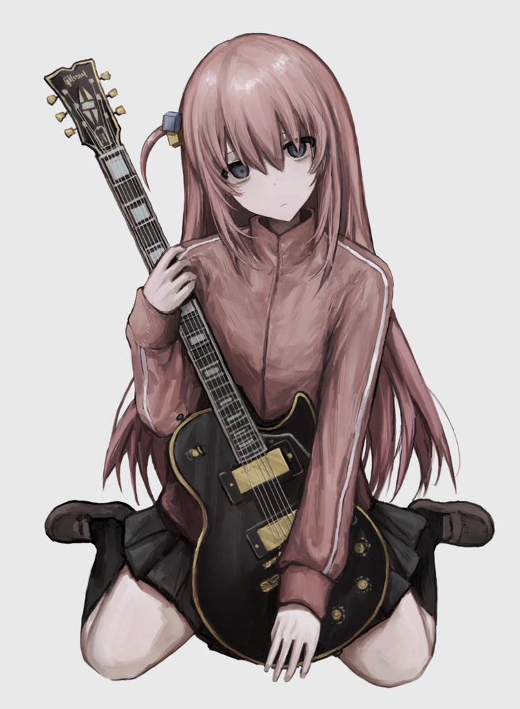 1girl, black_socks, blue_eyes, bocchi_the_rock!, brown_shoes, chan8016, cube_hair_ornament, electric_guitar