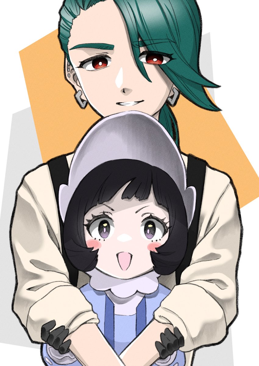 2girls, :d, absurdres, androgynous, aqua_hair, black_gloves, blush_stickers, bonnet