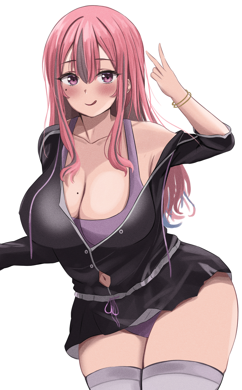 1girl, :p, absurdres, arm_up, azur_lane, black_jacket, black_skirt, breasts, bremerton_(azur_lane), bremerton_(relaxation_consultation)_(azur_lane), cleavage, clothing_cutout, collarbone, cowboy_shot, hair_between_eyes, highres, jacket, large_breasts, mole, mole_on_breast, mole_under_eye, multicolored_hair, navel_cutout, off_shoulder, official_alternate_costume, panties, pink_eyes, pink_hair, purple_panties, shirotsupu, skirt, streaked_hair, thighhighs, thighs, tongue, tongue_out, underwear, v, white_background, zettai_ryouiki