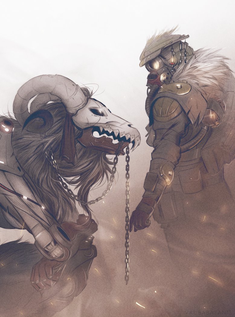 1boy, 1other, ambiguous_gender, apex_legends, black_hair, black_sclera, bloodhound_(apex_legends), brown_jacket, chain, chain_leash, colored_sclera, crossed_arms, fur-trimmed_jacket, fur_trim, gloves, glowing, glowing_eyes, goggles, helmet, horns, humanoid_robot, jacket, leash, rebreather, red_gloves, revenant_(apex_legends), robot, science_fiction, simulacrum_(titanfall), squatting, val_(vbabylon), white_eyes