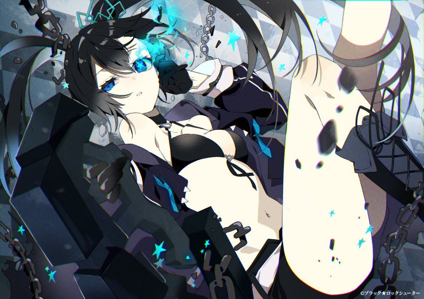 1girl, black_boots, black_bra, black_gloves, black_hair, black_rock_shooter, black_rock_shooter_(character), black_rock_shooter_fragment