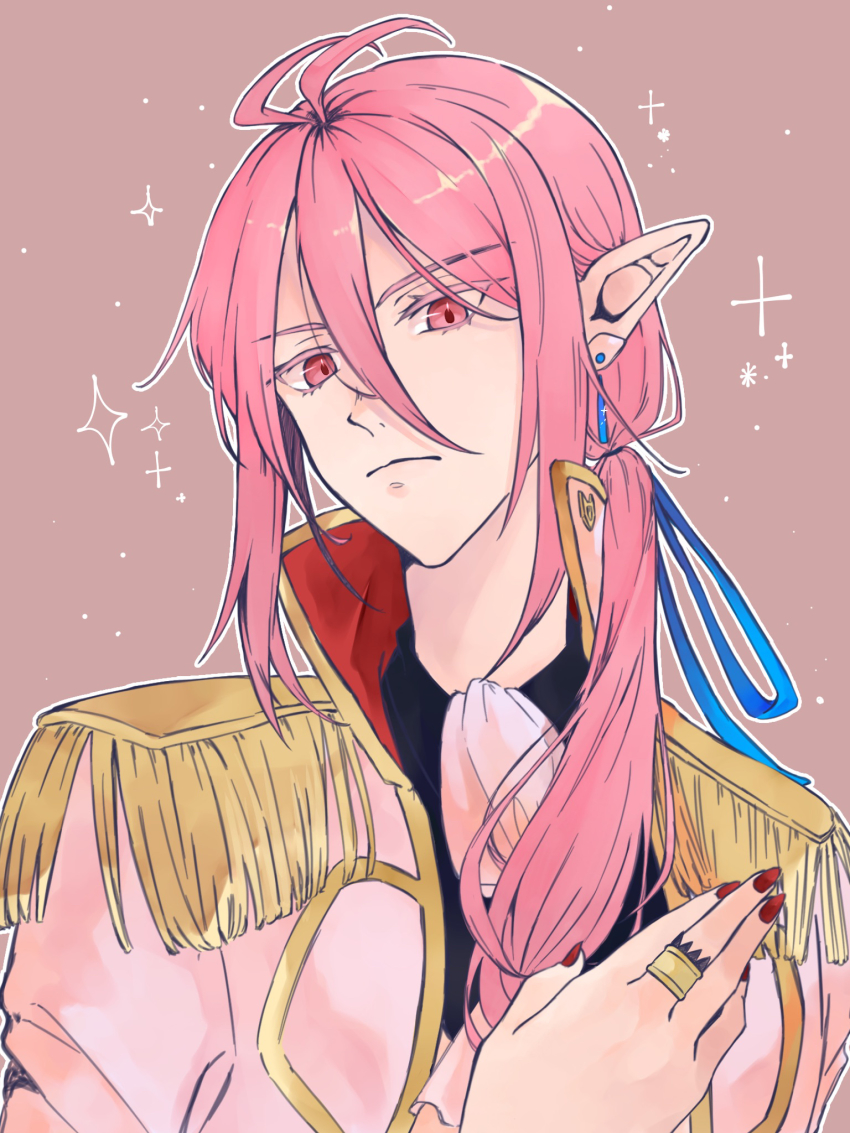 1boy, asmodeus_alice, blue_ribbon, earrings, epaulettes, gold_trim, hair_between_eyes, hair_ribbon, highres, jewelry, looking_at_viewer, low_ponytail, mairimashita!_iruma-kun, male_focus, nabe_a_451211, nail_polish, pink_eyes, pink_hair, pointy_ears, ponytail, red_nails, ribbon, ring, simple_background, solo, upper_body