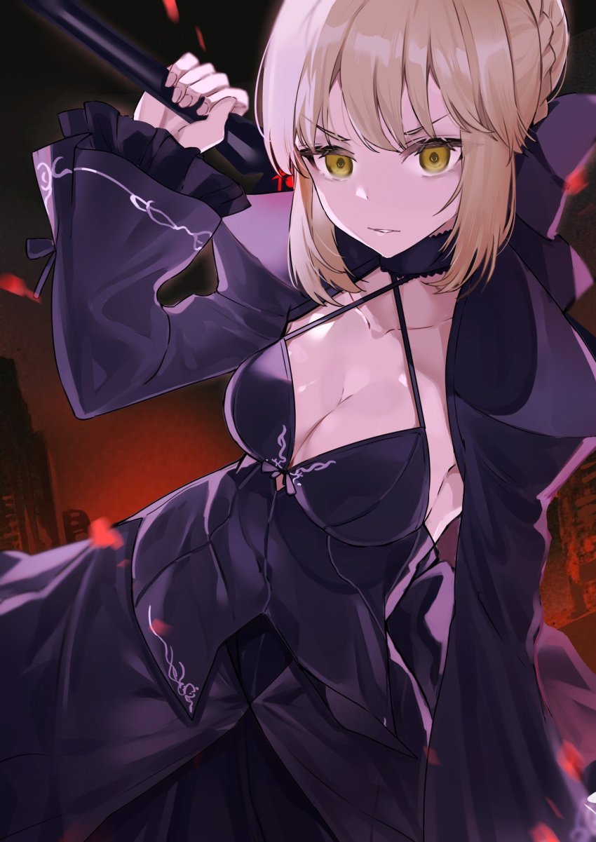 1girl, artoria_pendragon_(fate), black_bow, black_dress, blonde_hair, bow, breasts, closed_mouth, dress, excalibur_morgan_(fate), fate/grand_order, fate_(series), hair_bow, highres, holding, holding_sword, holding_weapon, long_sleeves, looking_at_viewer, medium_breasts, red_eyes, saber_alter, saber_alter_(third_ascension), shong0127, short_hair, simple_background, solo, sword, weapon