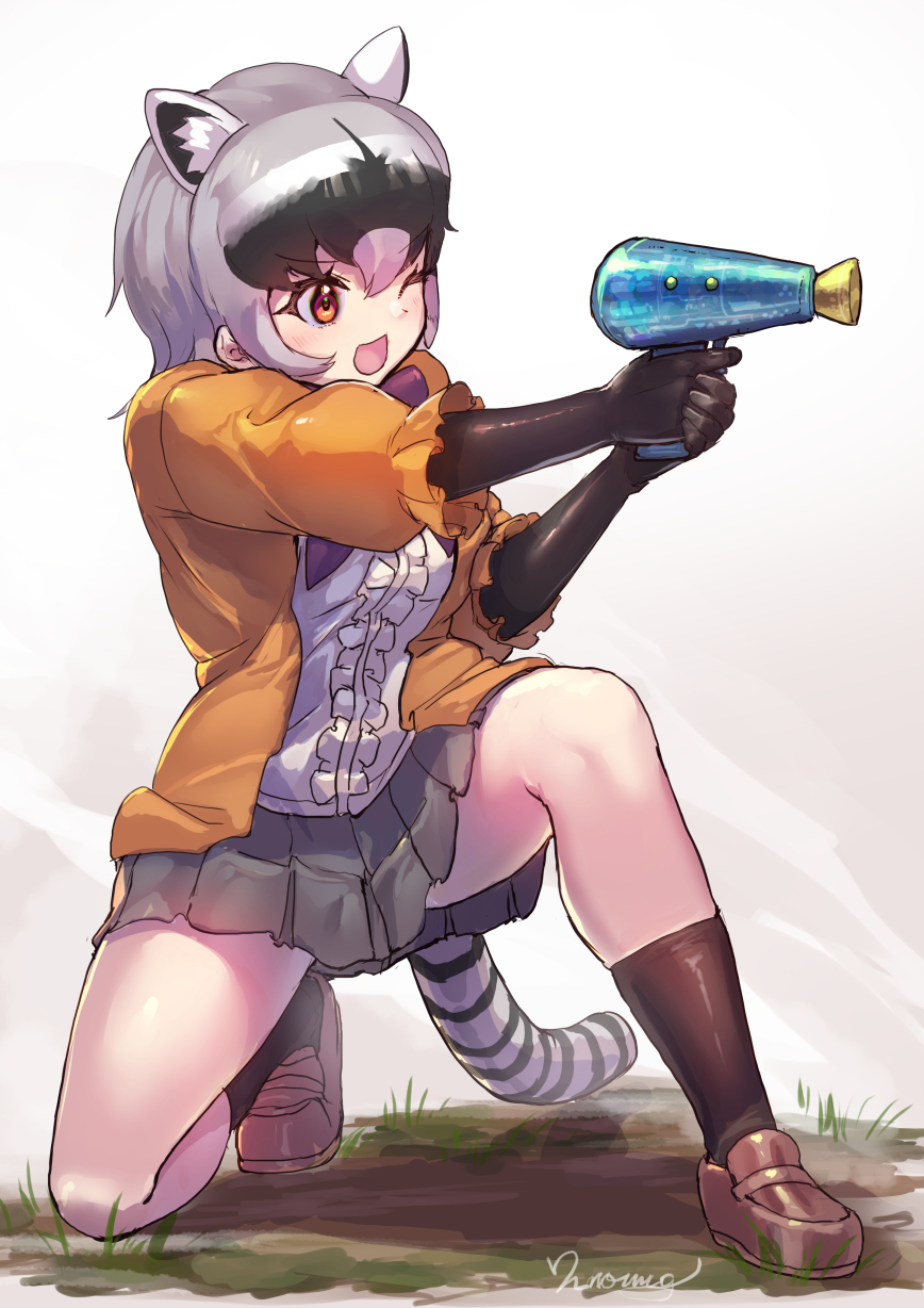 aiming, animal_ears, black_socks, blush, bow, bowtie, brown_gloves, brown_shoes