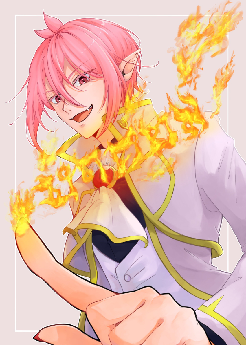 1boy, :d, ascot, asmodeus_alice, colored_eyelashes, fire, gold_trim, grey_background