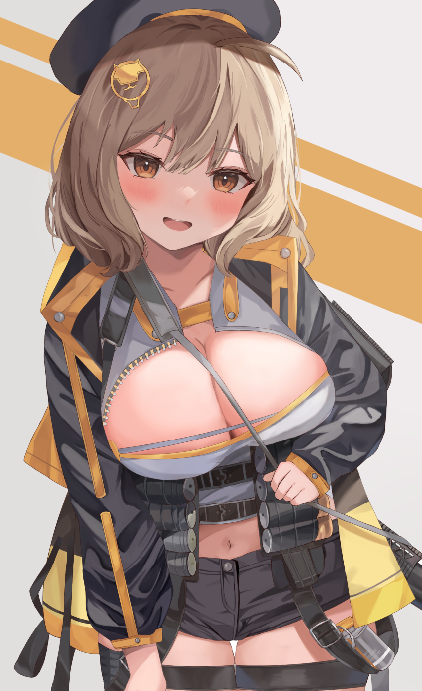 1girl, absurdres, ahoge, ammunition_belt, anis_(nikke), beret, black_hat, black_jacket, black_shorts, blush, breasts, brown_eyes, center_opening, cleavage, commentary, cowboy_shot, cropped_shirt, goddess_of_victory:_nikke, grey_background, grey_shirt, hair_ornament, hat, highres, jacket, large_breasts, light_brown_hair, looking_at_viewer, medium_hair, midriff, military_hat, navel, open_clothes, open_jacket, open_mouth, orange_background, shirt, short_shorts, shorts, simple_background, smile, solo, standing, thigh_gap, thigh_strap, two-tone_background, unzipped, watage_tanpopo