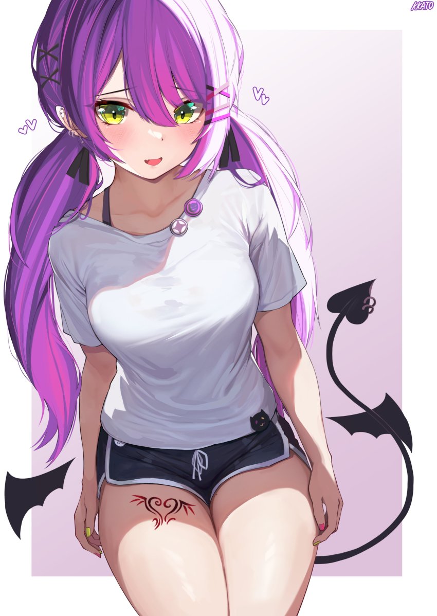 1girl, :d, absurdres, badge, barbell_piercing, breasts, button_badge, colored_inner_hair, demon_girl, demon_tail, demon_wings, dolphin_shorts, ear_piercing, fang, green_eyes, hair_ornament, hairclip, highres, holoforce, hololive, industrial_piercing, kkato, leg_tattoo, long_hair, medium_breasts, multicolored_hair, nail_polish, open_mouth, piercing, pink_hair, pointy_ears, purple_hair, shirt, short_shorts, shorts, smile, solo, t-shirt, tail, tail_ornament, tail_piercing, tattoo, thighs, tokoyami_towa, twintails, virtual_youtuber, white_shirt, wings, yellow_nails