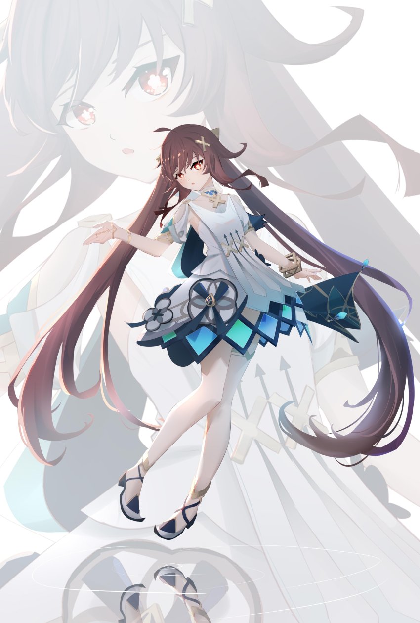 1girl, absurdres, alternate_costume, bracelet, brown_hair, choker, commentary, cosplay, dress, faruzan_(genshin_impact), faruzan_(genshin_impact)_(cosplay), full_body, genshin_impact, hair_between_eyes, hair_ornament, highres, hu_tao_(genshin_impact), jewelry, long_hair, looking_at_viewer, parted_lips, qixia, red_eyes, sidelocks, simple_background, sleeveless, solo, symbol-shaped_pupils, twintails, white_dress, x_hair_ornament, zoom_layer