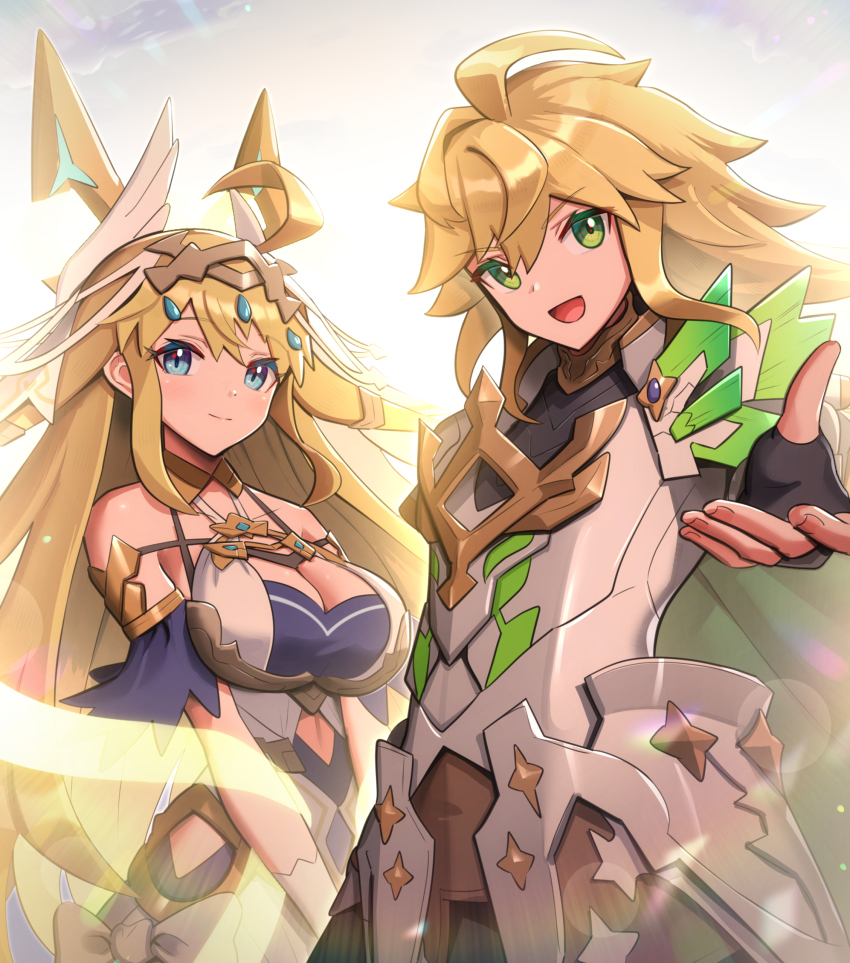 1boy, 1girl, absurdres, anniversary, armor, bare_shoulders, black_gloves, blonde_hair