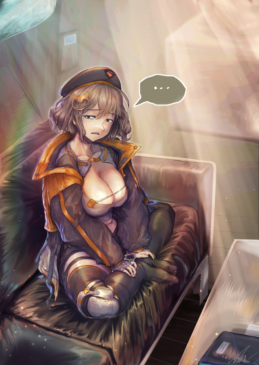 ..., 1girl, absurdres, anis_(nikke), beret, black_eyes, black_hat, black_shorts, black_thighhighs, breasts, brown_hair, cleavage, commentary_request, couch, fingerless_gloves, gloves, goddess_of_victory:_nikke, hair_ornament, hat, highres, indoors, jacket, kanehira_(nowisima), knee_pads, large_breasts, long_sleeves, looking_at_viewer, open_clothes, open_jacket, parted_lips, short_hair, short_shorts, shorts, single_glove, single_knee_pad, sitting, solo, speech_bubble, spoken_ellipsis, thigh_strap, thighhighs