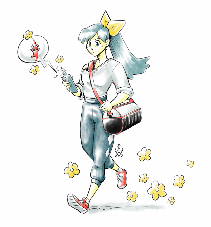 1girl, aged_up, artist_logo, bag, baggy_clothes, black_tank_top, blue_eyes, blue_hair, blue_pants, capri_pants, commentary, crossover, dated, duffel_bag, english_commentary, female_focus, floral_background, flower, gen_4_pokemon, grey_sweater, hair_ribbon, kris_(pokemon), lightning_bolt_symbol, logo, looking_at_phone, nintendo, off-shoulder_sweater, off_shoulder, painttool_sai_(medium), pants, phone, pikmin_(creature), pikmin_(series), pikmin_bloom, playing_games, playing_video_games, pokemon, pokemon_crystal, pokemon_gold/silver/crystal, red_footwear, red_pikmin, ribbon, rotom, rotom_phone, shoes, shoulder_bag, simple_background, sneakers, solo_focus, speech_bubble, sweater, tank_top, taritoons, video_game, white_background, yellow_flower, yellow_ribbon