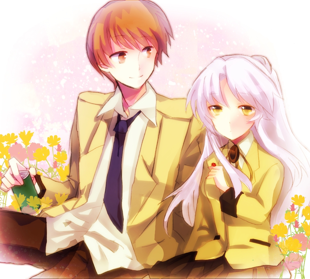 10s, 1boy, 1girl, angel_beats!, blazer, bug, couple, flower