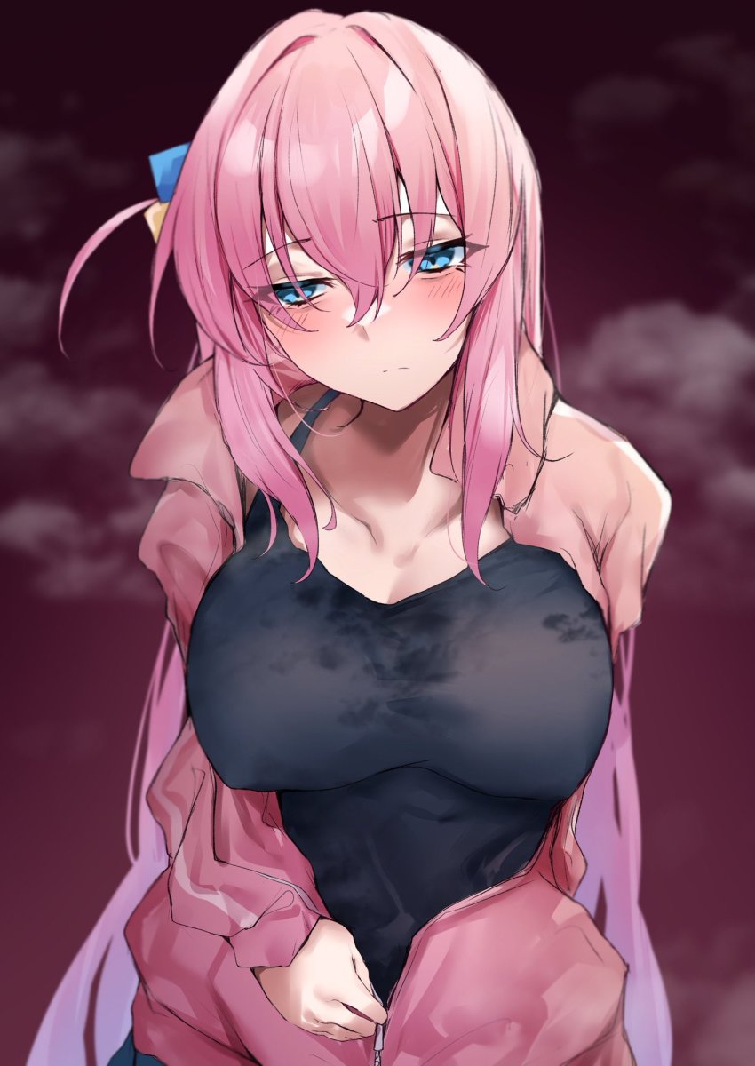 1girl, black_tank_top, blush, bocchi_the_rock!, breasts, commentary_request, cube_hair_ornament, gotoh_hitori, hair_ornament, highres, jacket, large_breasts, one_side_up, open_clothes, open_jacket, partially_unzipped, pink_hair, pink_jacket, simple_background, solo, steam, steaming_body, tank_top, upper_body, wet, wet_clothes, yuki_maccha_(yukimattya10)