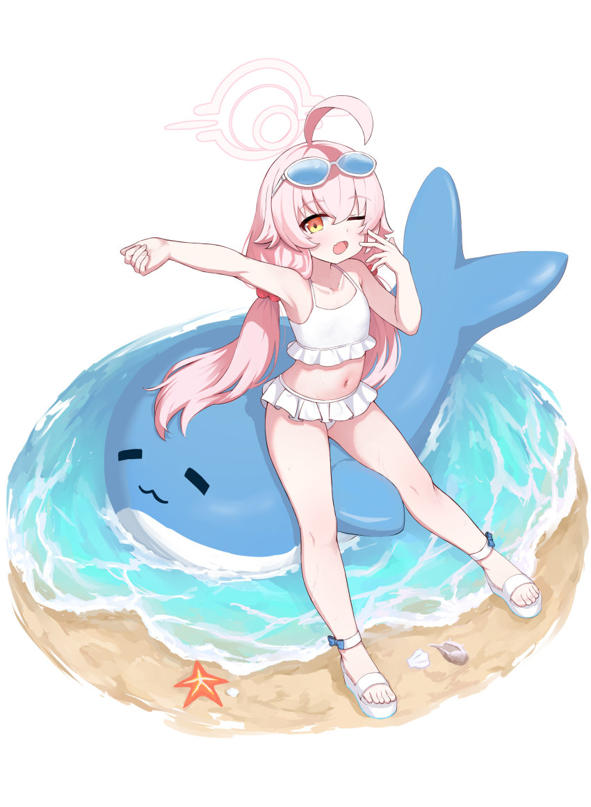 1girl, ;o, absurdres, ahoge, arm_up, armpits, beach, bikini