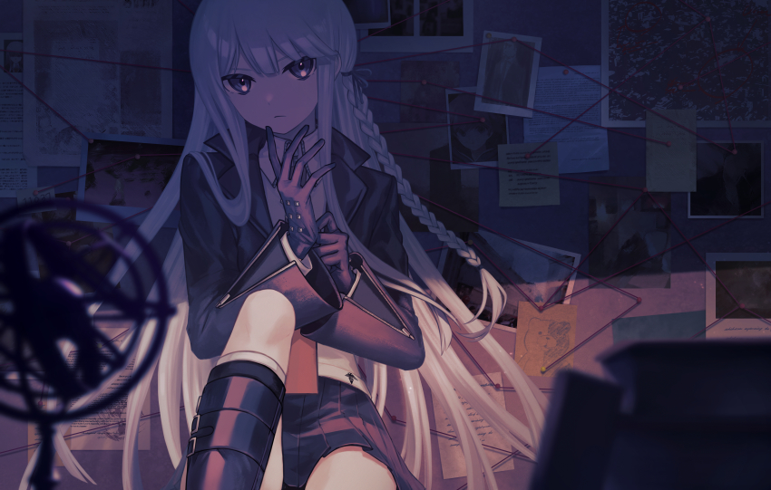 1girl, absurdres, adjusting_clothes, adjusting_gloves, anui, black_gloves, boots, braid