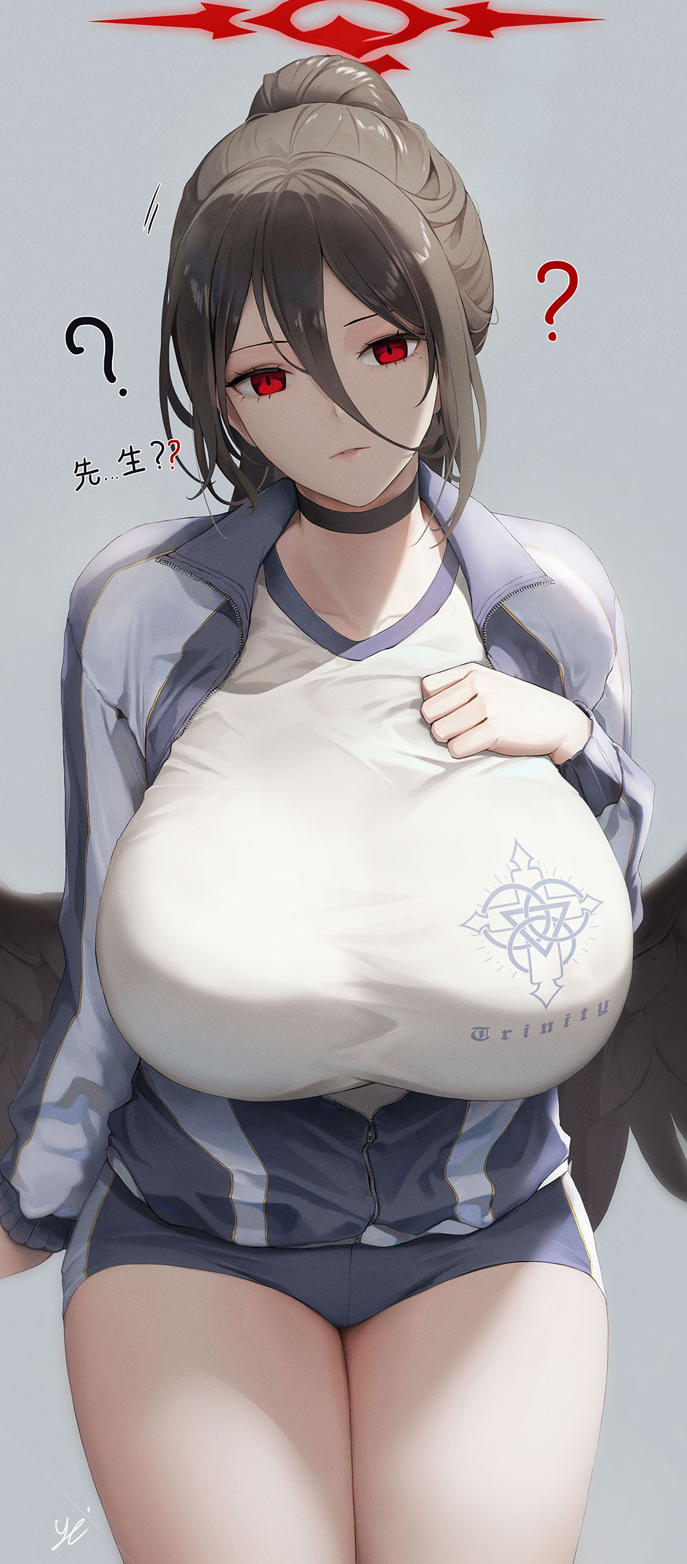 1girl, ?, black_choker, black_hair, blue_archive, blue_buruma, blue_jacket, breasts