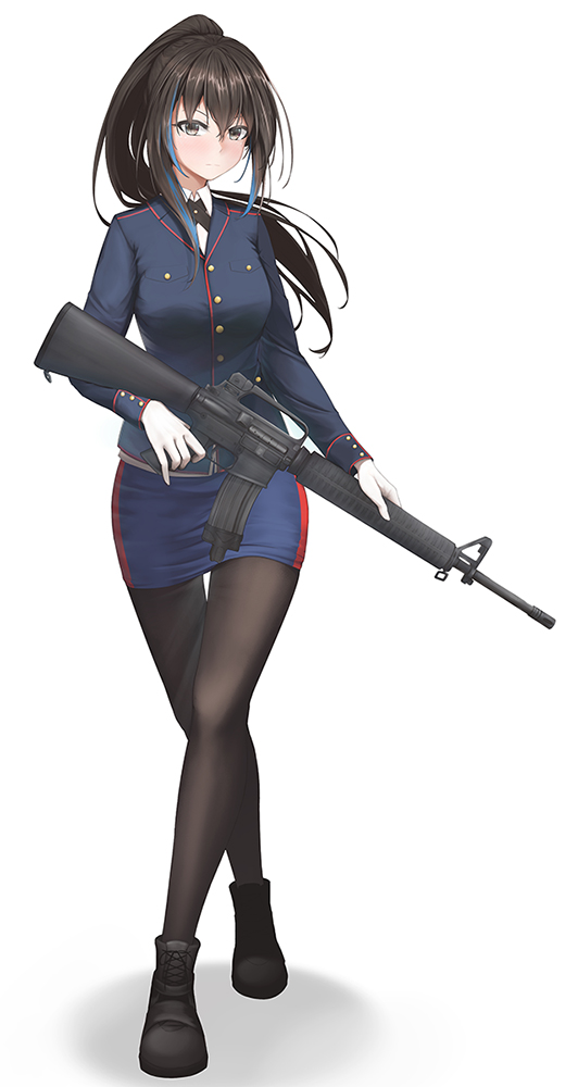 1girl, assault_rifle, black_boots, black_pantyhose, blue_jacket, blue_skirt, blush, boots