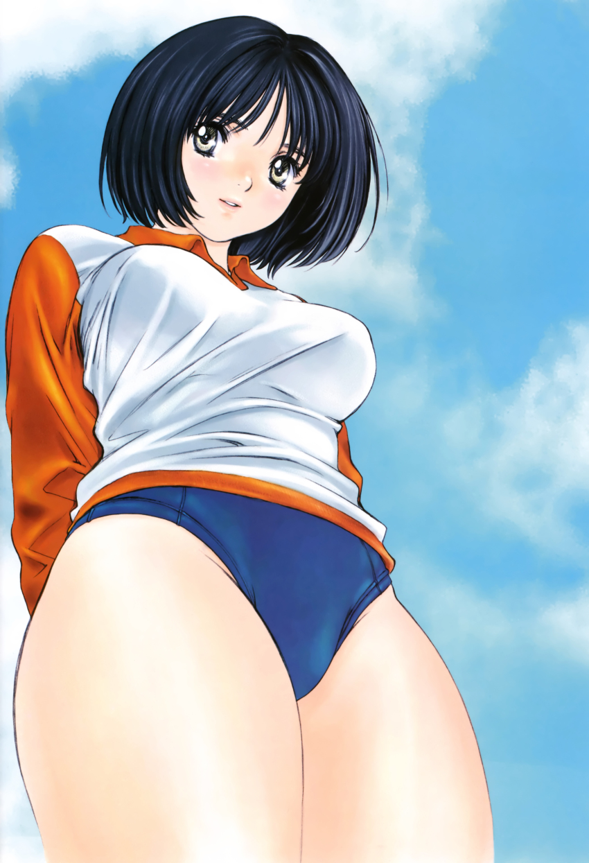 00s, 1girl, absurdres, arms_behind_back, breasts, brown_hair, buruma, cowboy_shot