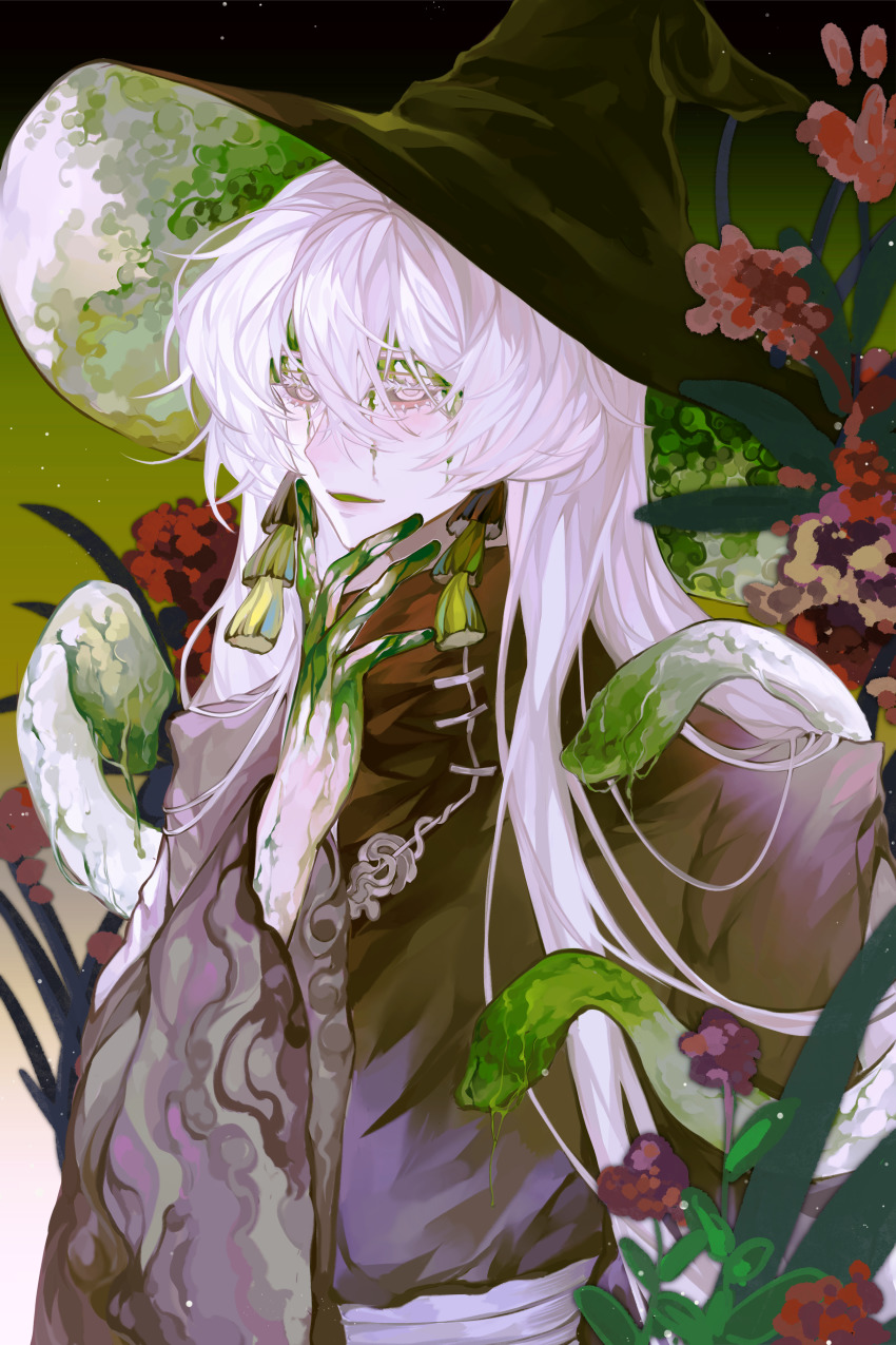 1boy, absurdres, baizhayixia, earrings, flower, grey_hair, hat, highres, jewelry, liquid, long_hair, long_sleeves, male_focus, mischief_witch, sky:_children_of_the_light, snake, sparkle, tassel, tassel_earrings, upper_body, white_hair, witch_hat