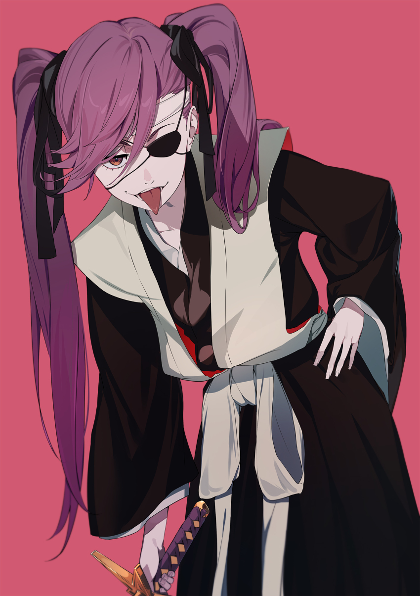 1girl, bleach, bleach:_gotei_13, bleach:_sennen_kessen-hen, eyepatch, hair_between_eyes, highres, ibaraki_shun, jacket, japanese_clothes, jewelry, katana, long_hair, long_sleeves, looking_at_viewer, open_mouth, saitou_furoufushi, shinigami, smile, solo, sword, tongue, twintails, weapon