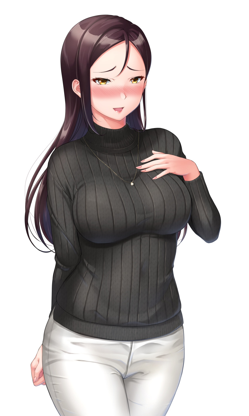 1girl, absurdres, arm_behind_back, black_sweater, blush, bralines, breasts, brown_hair