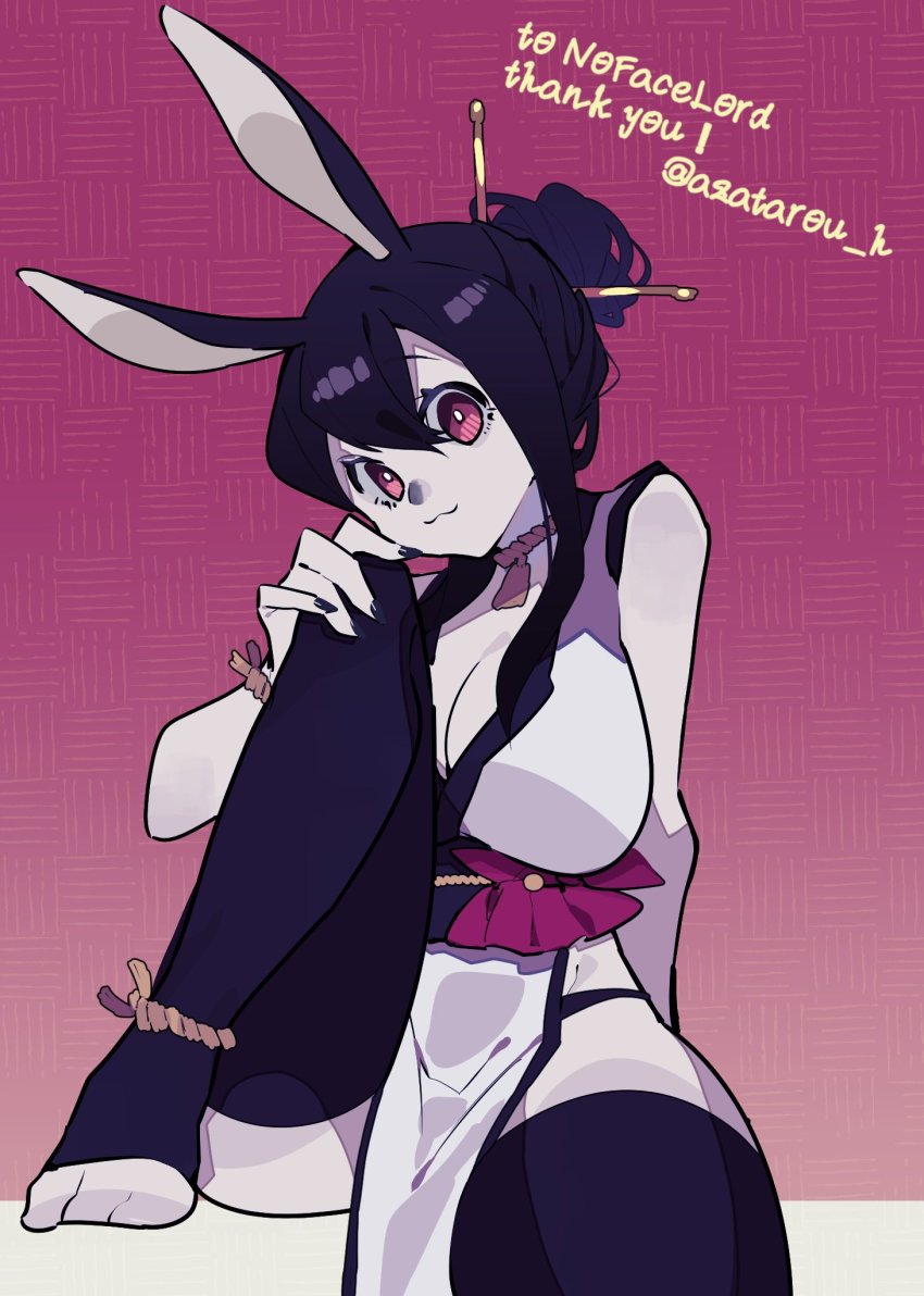 1girl, animal_ears, artist_name, azatarou_h, black_hair, black_nails, breasts, circe_ciri, cleavage, closed_mouth, commission, english_text, feet, furry, furry_female, hair_between_eyes, hair_bun, hair_ornament, hair_stick, hand_on_knee, highres, japanese_clothes, large_breasts, looking_at_viewer, nail_polish, nofacelord, original, pelvic_curtain, rabbit, rabbit_ears, rabbit_girl, rope, rope_necklace, simple_background, sitting, skeb_commission, solo, stirrup_legwear, tagme, thighhighs, toeless_legwear, toeless_thighhighs