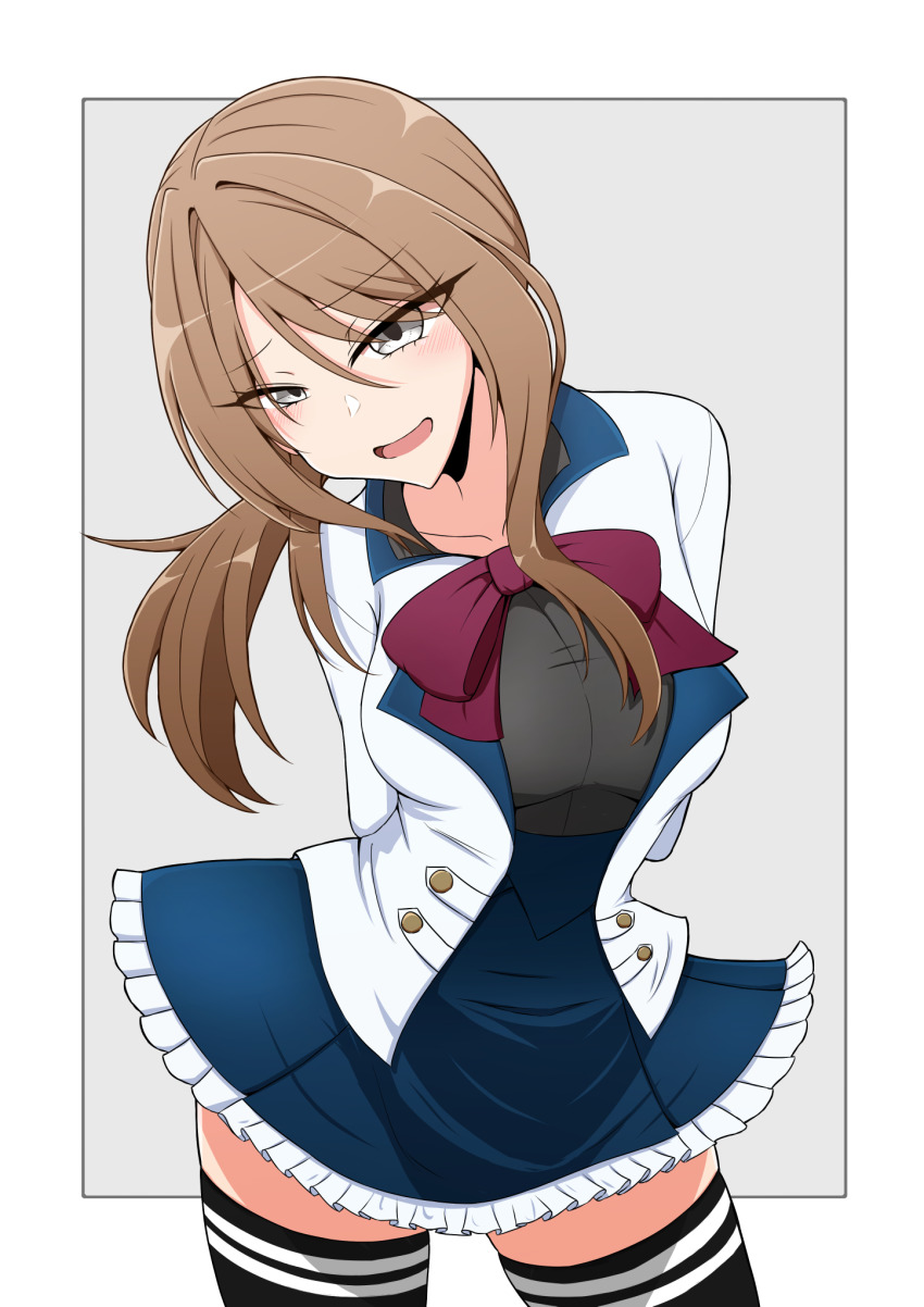 1girl, arms_behind_back, assault_lily, black_shirt, black_thighhighs, blue_skirt, blush, border