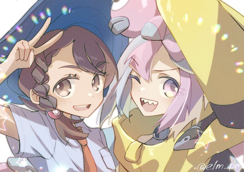 2girls, bow-shaped_hair, character_hair_ornament, hair_ornament, iono_(pokemon), juliana_(pokemon), long_hair, long_sleeves