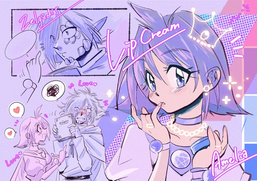 1990s_(style), 1boy, 1girl, amelia_wil_tesla_seyruun, bead_necklace, beads, blush, book