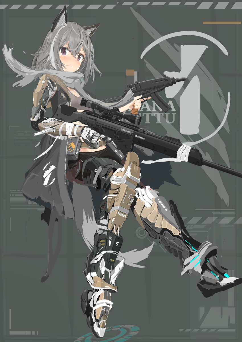 1girl, absurdres, animal_ears, asymmetrical_dual_wielding, bandages, blush, character_name, coat, dual_wielding, floating, fox_ears, grey_hair, gun, hair_strand, highres, holding, holding_gun, holding_weapon, jaana_kettu, mechanical_arms, mechanical_legs, midriff, open_clothes, open_coat, original, scarf, short_hair, simple_background, single_mechanical_arm, solo, tail, turkeysand_(fernandear_504), weapon, weapon_request