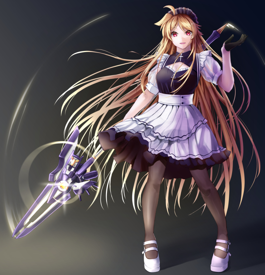 1girl, alternate_costume, apron, bardiche_(javelin_form)_(nanoha), bardiche_(nanoha), black_pantyhose, blonde_hair, blush