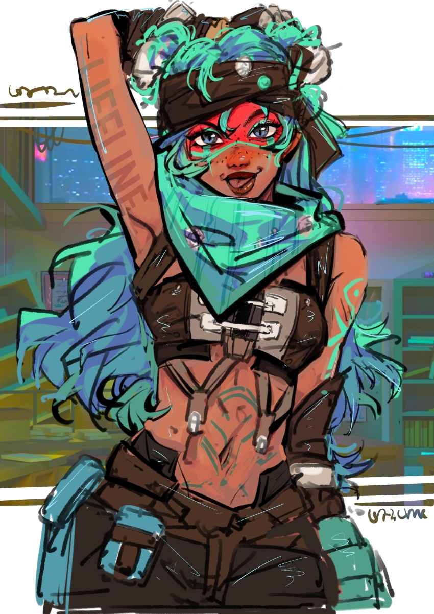 1girl, absurdres, alternate_hairstyle, animification, apex_legends, arm_behind_head, arm_tattoo, black_bra