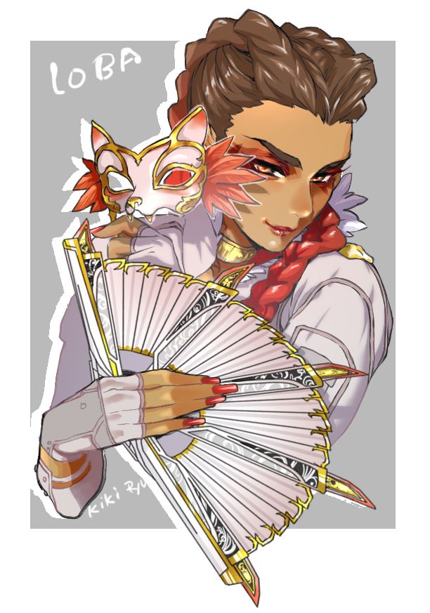 1girl, apex_legends, border, braid, brown_eyes, brown_hair, eyeshadow, fingerless_gloves