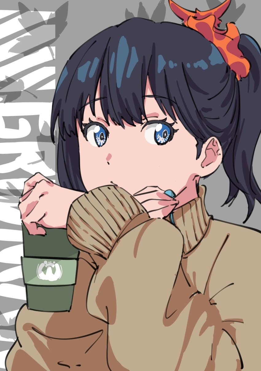 1girl, black_hair, blue_eyes, brown_sweater, cup, disposable_coffee_cup, disposable_cup, grey_background