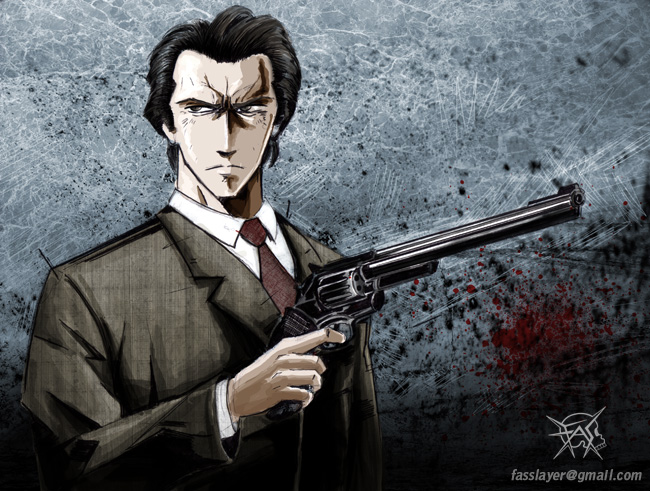 1boy, artist_name, black_hair, blood, blood_on_face, blood_stain, brown_hair, brown_jacket, clint_eastwood, collared_shirt, commentary, dirty_harry, dress_shirt, english_commentary, fasslayer, formal_clothes, grey_background, gun, handgun, harry_callahan, holding, holding_gun, holding_weapon, jacket, long_sleeves, male_focus, mature_male, necktie, red_necktie, revolver, shirt, solo, suit, suit_jacket, watermark, weapon, white_shirt