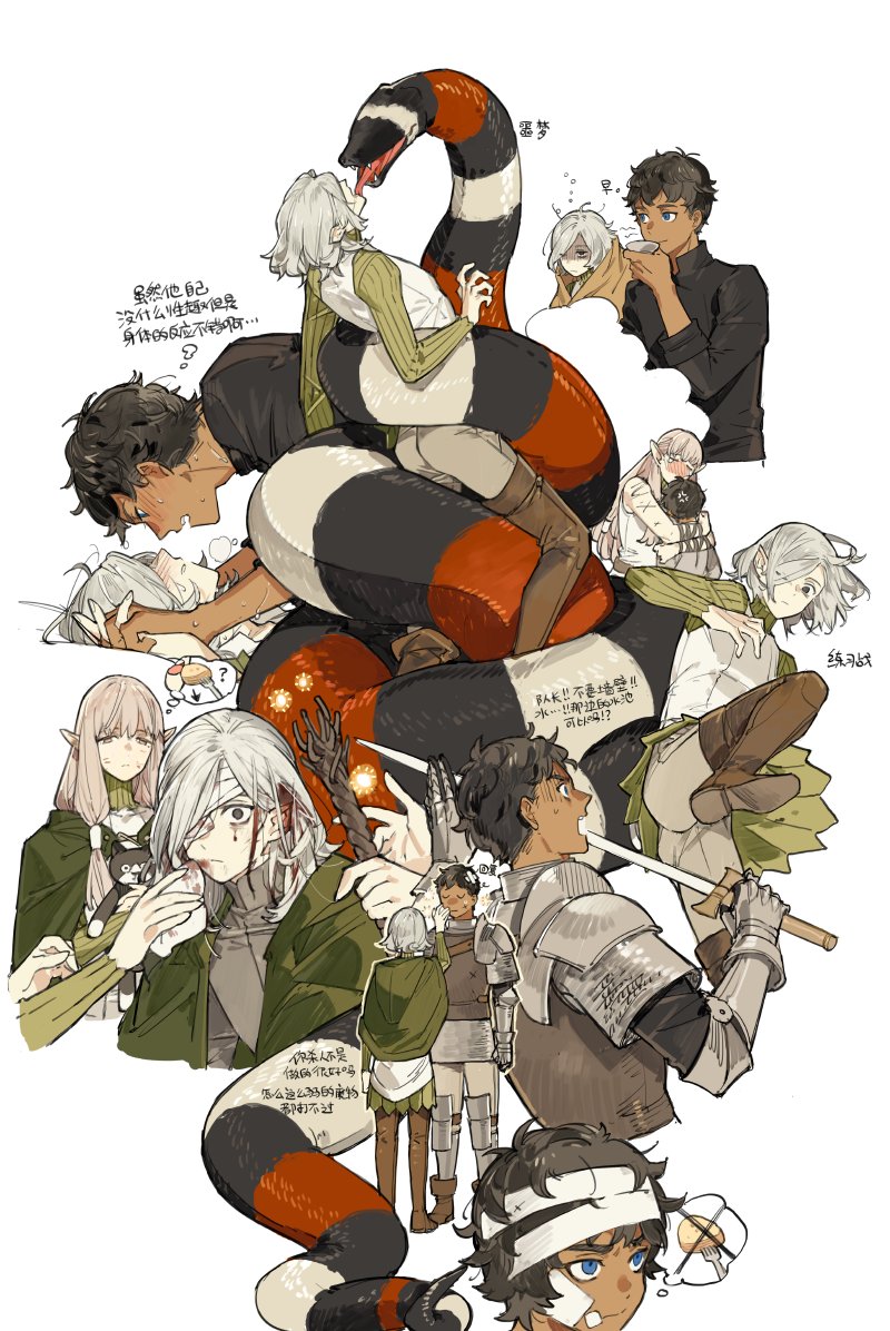 1girl, 2boys, ;(, ?, aged_down, anger_vein, angry, animal, ankle_boots, armor, armored_boots, arrow_(symbol), ass, bags_under_eyes, bandage_over_one_eye, bandaged_head, bandages, bandaid, bandaid_on_face, bandaid_on_head, battle, black_eyes, black_hair, black_shirt, blanket, bleeding, blood, bloody_tears, blue_eyes, blush, boots, braided_ponytail_lamia_(dungeon_meshi), brown_footwear, bruise, bruise_on_face, child, chinese_commentary, cloak, closed_eyes, closed_mouth, cross_scar, cup, dark-skinned_male, dark_skin, duel, dungeon_meshi, elf, face-to-face, facing_another, facing_away, faulds, food, fork, gauntlets, gloom_(expression), glowing, gorget, green_cloak, grey_hair, grey_pants, hair_over_one_eye, half-closed_eyes, hand_up, heavy_breathing, holding, holding_cup, holding_hands, holding_staff, holding_stuffed_toy, holding_sword, holding_weapon, hood, hood_down, hooded_cloak, hug, injury, interlocked_fingers, kabru, kicking, knee_up, licking, long_hair, long_sleeves, looking_afar, looking_at_another, looking_at_viewer, looking_away, looking_down, looking_up, lying, medium_hair, messy_hair, milsiril, mithrun, multiple_boys, multiple_views, napkin, notched_ear, on_back, on_bed, one_eye_closed, one_eye_covered, open_mouth, out_of_frame, oversized_animal, pants, pauldrons, pointy_ears, pout, profile, restrained, ribbon, robe, scar, scar_on_arm, scar_on_face, shirt, short_hair, shoulder_armor, sidelocks, simple_background, sleeveless, snake, speech_bubble, staff, starshadowmagician, stuffed_animal, stuffed_cat, stuffed_toy, sweatdrop, sword, thigh_boots, thought_bubble, tight_clothes, tight_pants, under_covers, weapon, white_background, wiping_blood, wiping_face, wiping_mouth, yaoi