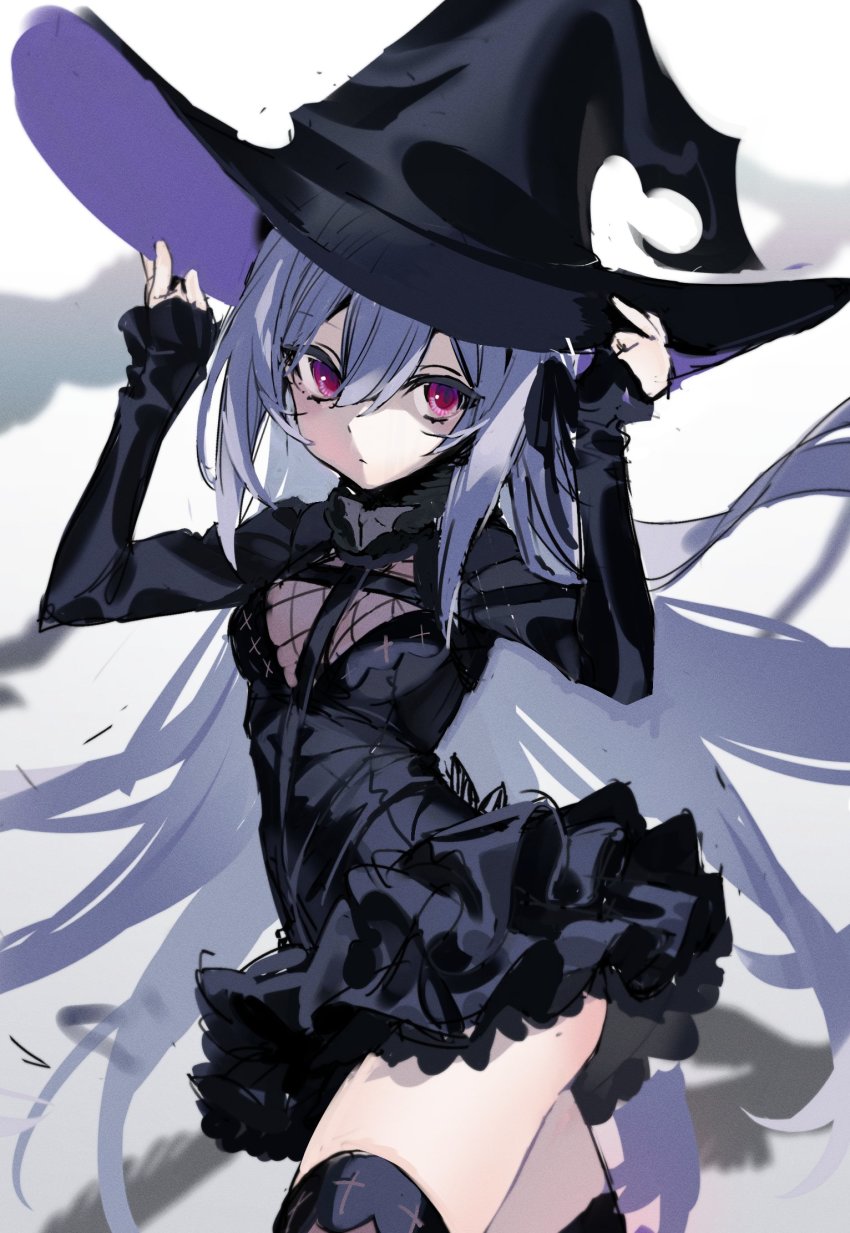 1girl, bat_ornament, black_hat, black_ribbon, cowboy_shot, expressionless, goth_fashion, grey_hair