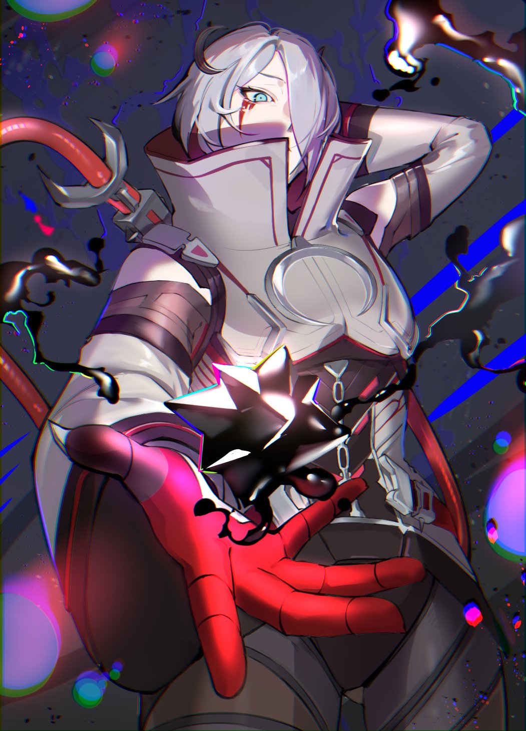 1girl, animification, apex_legends, black_background, black_pants, blood_moon_catalyst, blue_eyes, cable