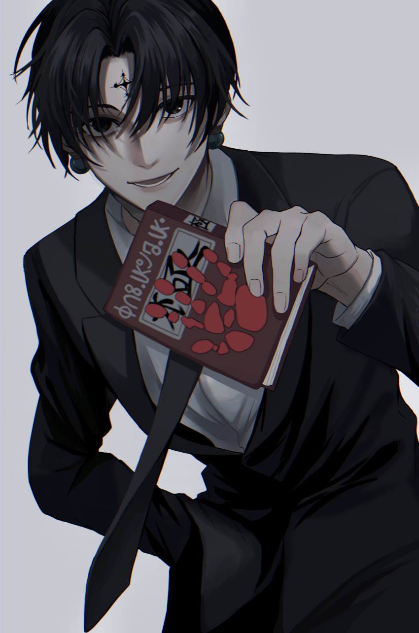 1boy, absurdres, black_eyes, black_hair, black_jacket, black_necktie, black_suit, book, chrollo_lucilfer, collared_shirt, commentary, cross, cross_tattoo, earrings, facial_tattoo, forehead_tattoo, formal_clothes, grey_background, grey_shirt, hand_in_pocket, handprint, headband, highres, holding, holding_book, hunter_x_hunter, inverted_cross, jacket, jewelry, long_sleeves, looking_at_viewer, lower_teeth_only, male_focus, necktie, open_mouth, parted_bangs, shirt, short_hair, simple_background, smile, solo, suit, tattoo, teeth, white_headband, yohane_(yohane007)