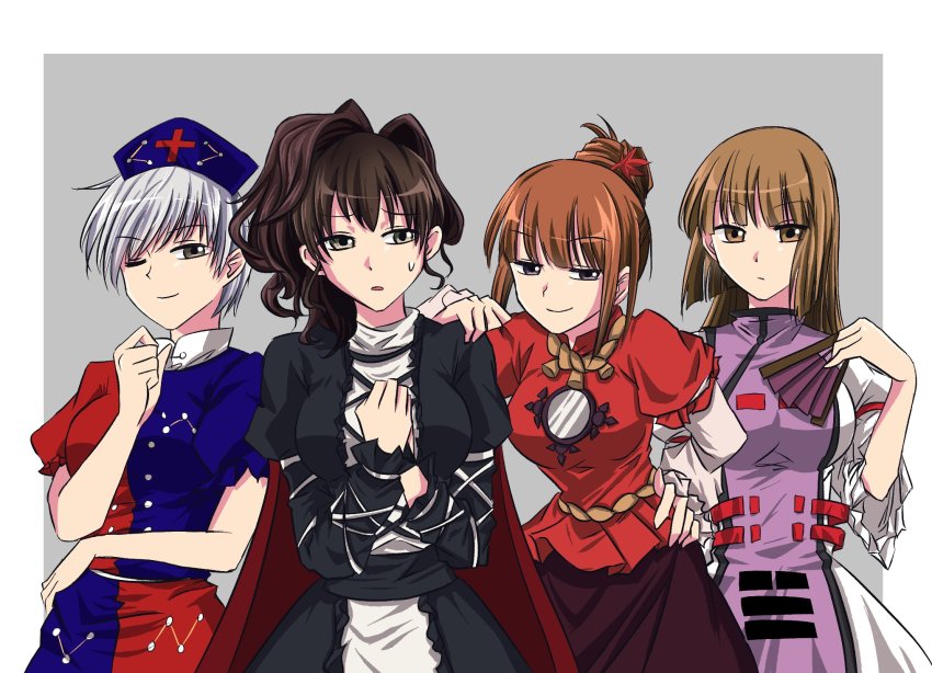 4girls, alternate_costume, artist_request, brown_eyes, brown_hair, cosplay, grey_background, grey_hair