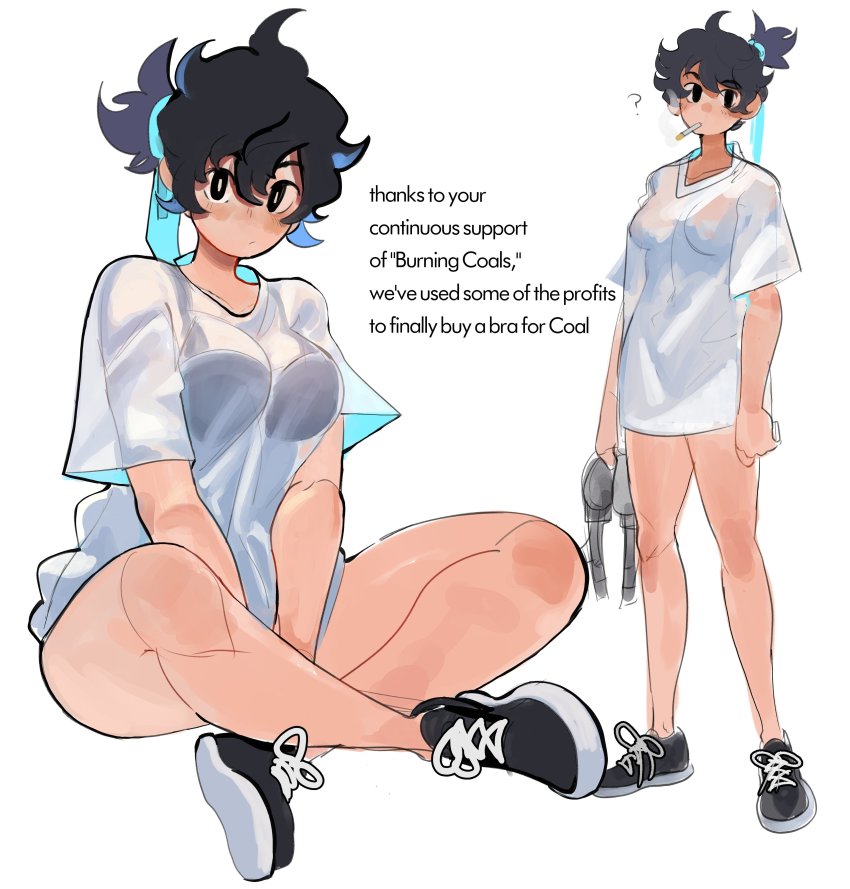 1girl, :/, ?, absurdres, arms_between_legs, black_bra, black_eyes, black_footwear