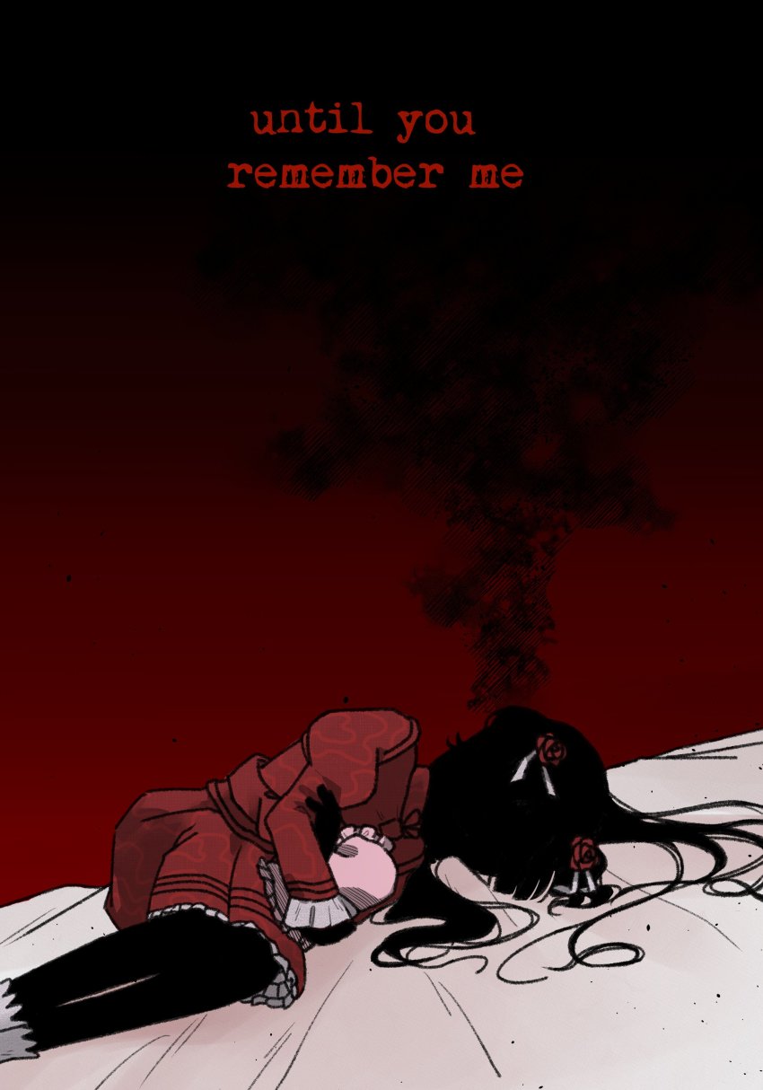 2girls, absurdres, bed, black_background, commentary, doll, hugging_doll, dress