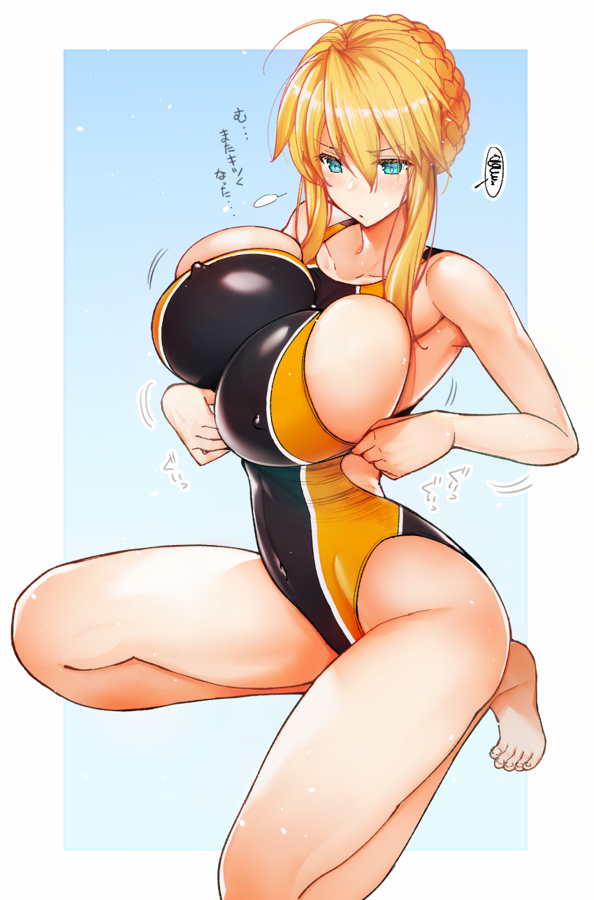 1girl, artoria_pendragon_(fate), artoria_pendragon_(lancer)_(fate), blonde_hair, blush, braid, braided_bun, breasts