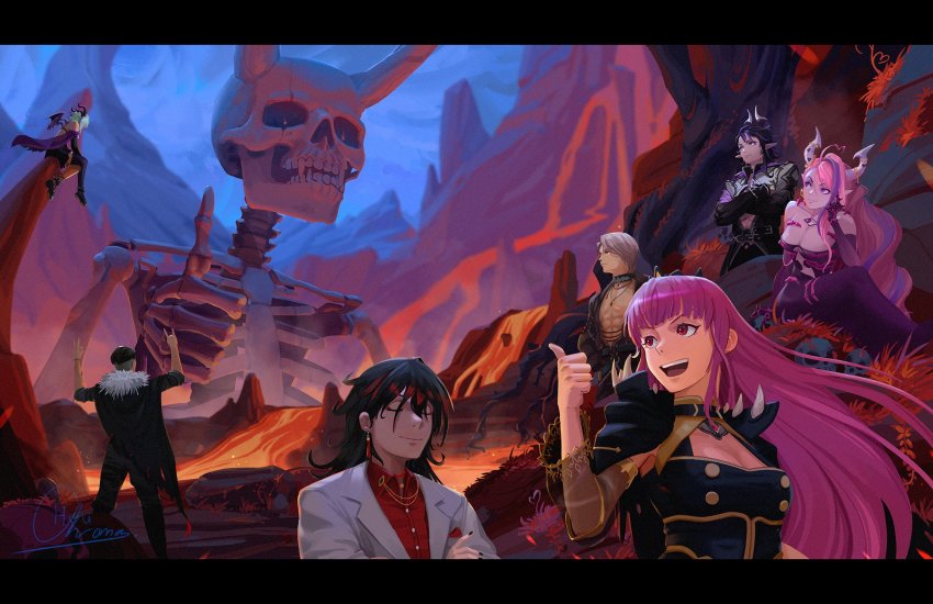 3girls, 4boys, ahoge, apricot_the_lich, artist_name, black_cape, black_dress, black_gloves