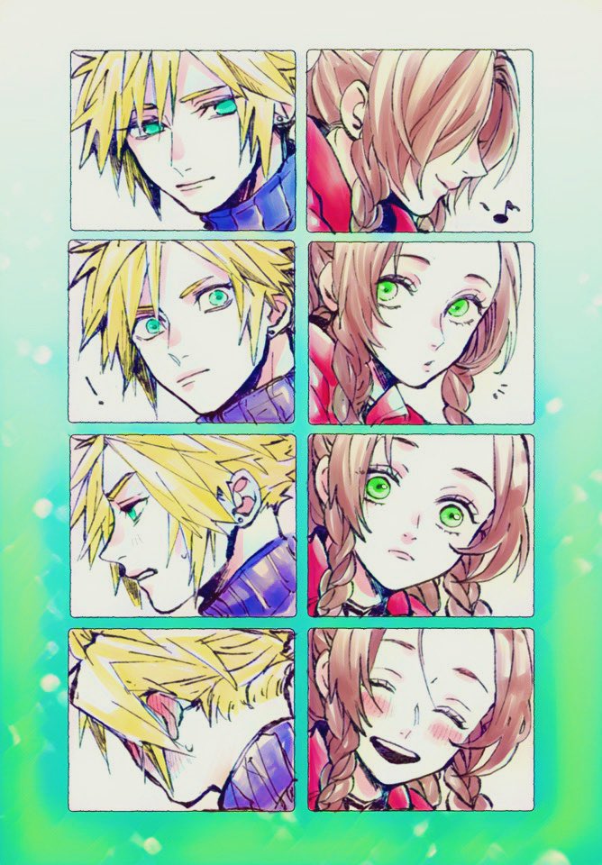 !, 1boy, 1girl, aerith_gainsborough, aqua_eyes, ashinamaturi, blonde_hair, blue_shirt