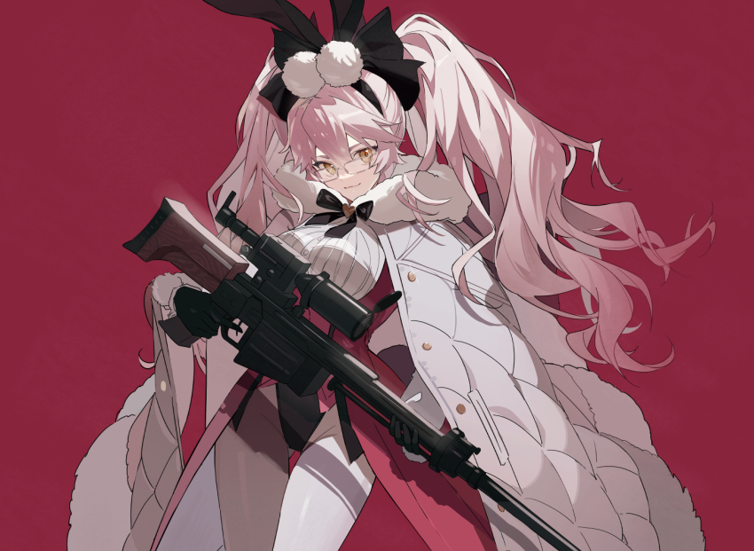 1girl, animal_ears, black_gloves, black_ribbon, breasts, buttons, cape, closed_mouth, fake_animal_ears, fate/grand_order, fate_(series), fox_girl, fur-trimmed_cape, fur_trim, glasses, gloves, gun, hair_between_eyes, holding, holding_gun, holding_weapon, koyanskaya_(assassin)_(second_ascension)_(fate), koyanskaya_(fate), leotard, long_hair, long_sleeves, looking_at_viewer, medium_breasts, nakamura_(wmfp3834), neck_ribbon, pantyhose, playboy_bunny, rabbit_ears, red_leotard, ribbon, rifle, simple_background, sniper_rifle, solo, twintails, very_long_hair, weapon, white-framed_eyewear, white_cape, white_pantyhose, white_sleeves, yellow_eyes